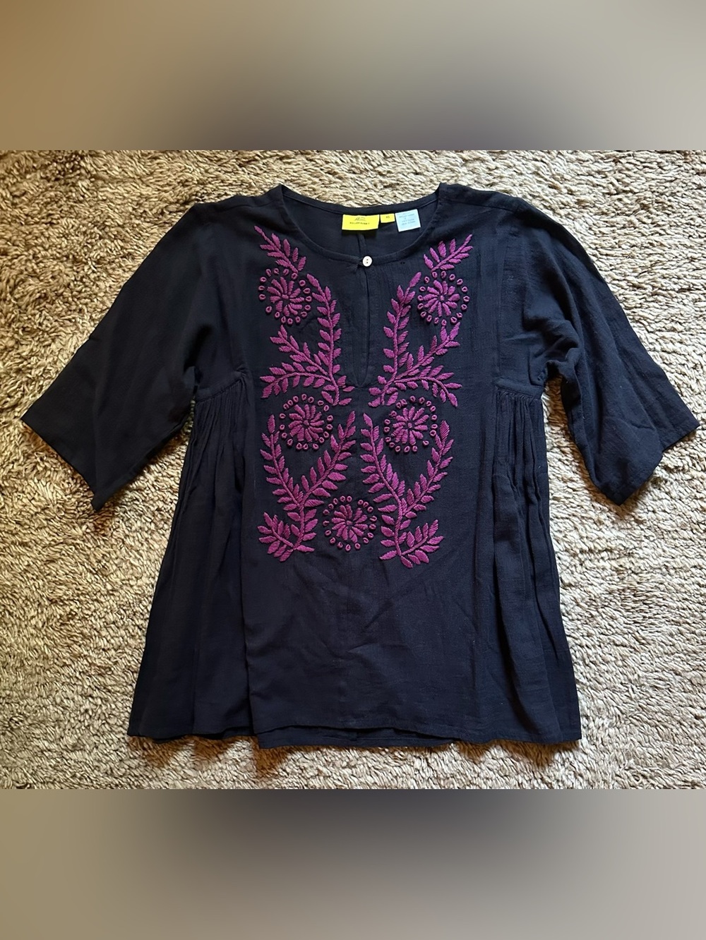 ROLLER RABBIT Black Boho Embroidered top sz XS